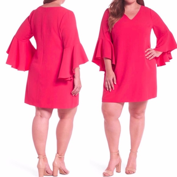 Eliza J | Hot Pink Bell Sleeve Crepe Shift Dress 10P NWT - Picture 1 of 6